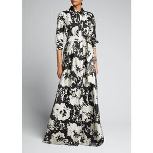 Rickie Freeman for Teri Jon Burnout Jacquard Belted Shirtdress Gown